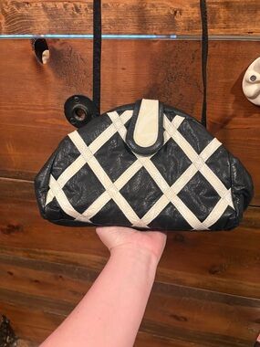 Vintage Leather Black and Cream Lattice Quilted Shoulder Bag